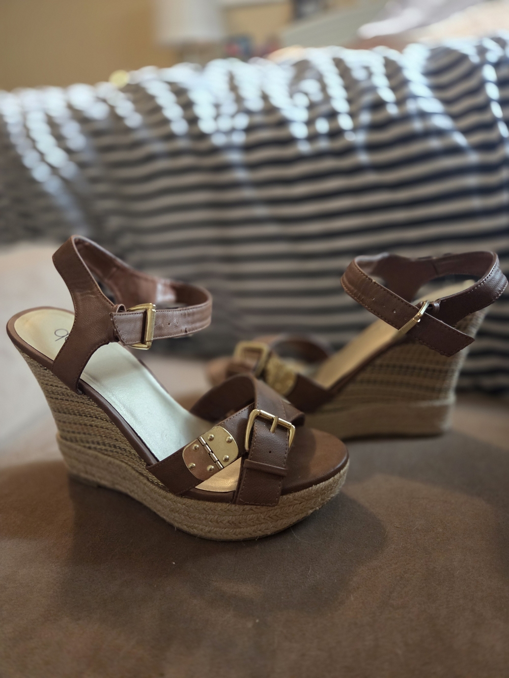 Deb Brown Espadrille Wedge Sandals with Gold Buckles